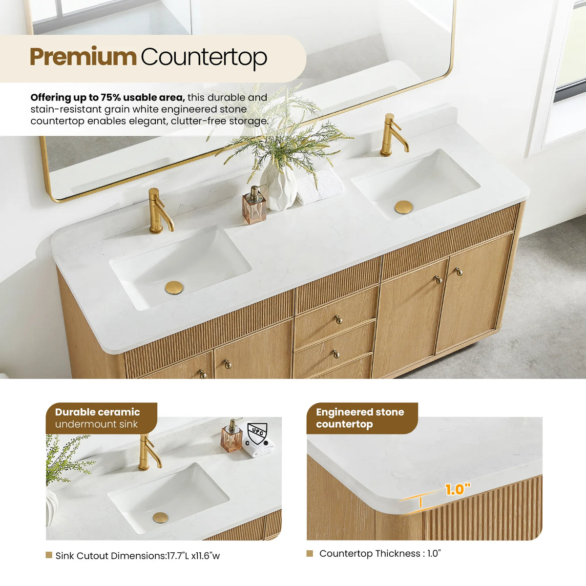 Close view of the sink area with insets for the ceramic sink and the composite stone top edge