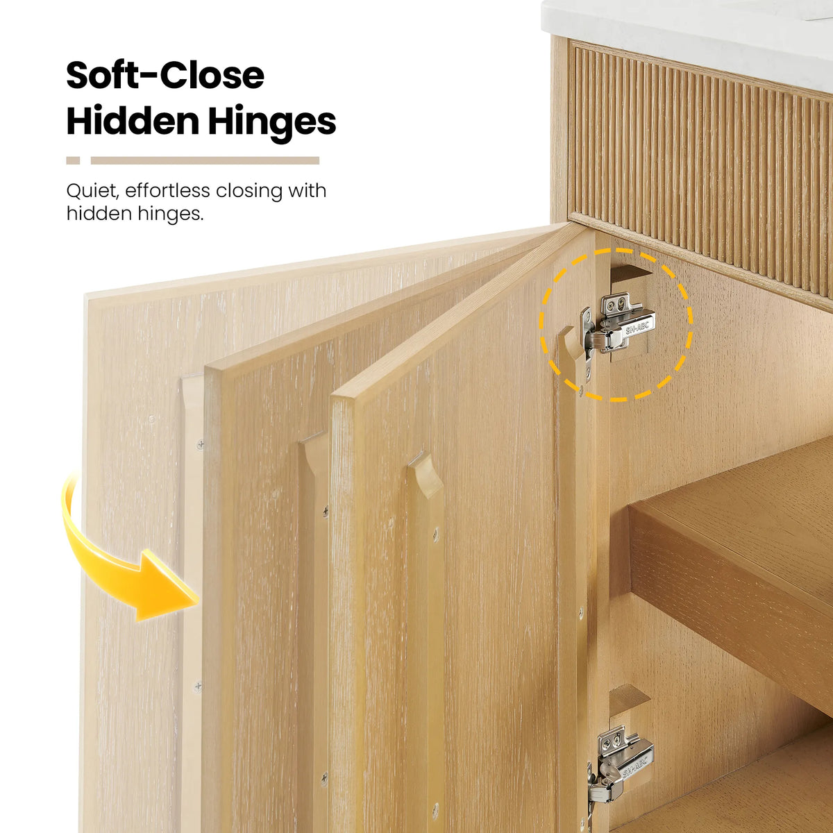 Open door on the Washed Ash Grey vanity with a soft-close callout and a circled detail at the door edge