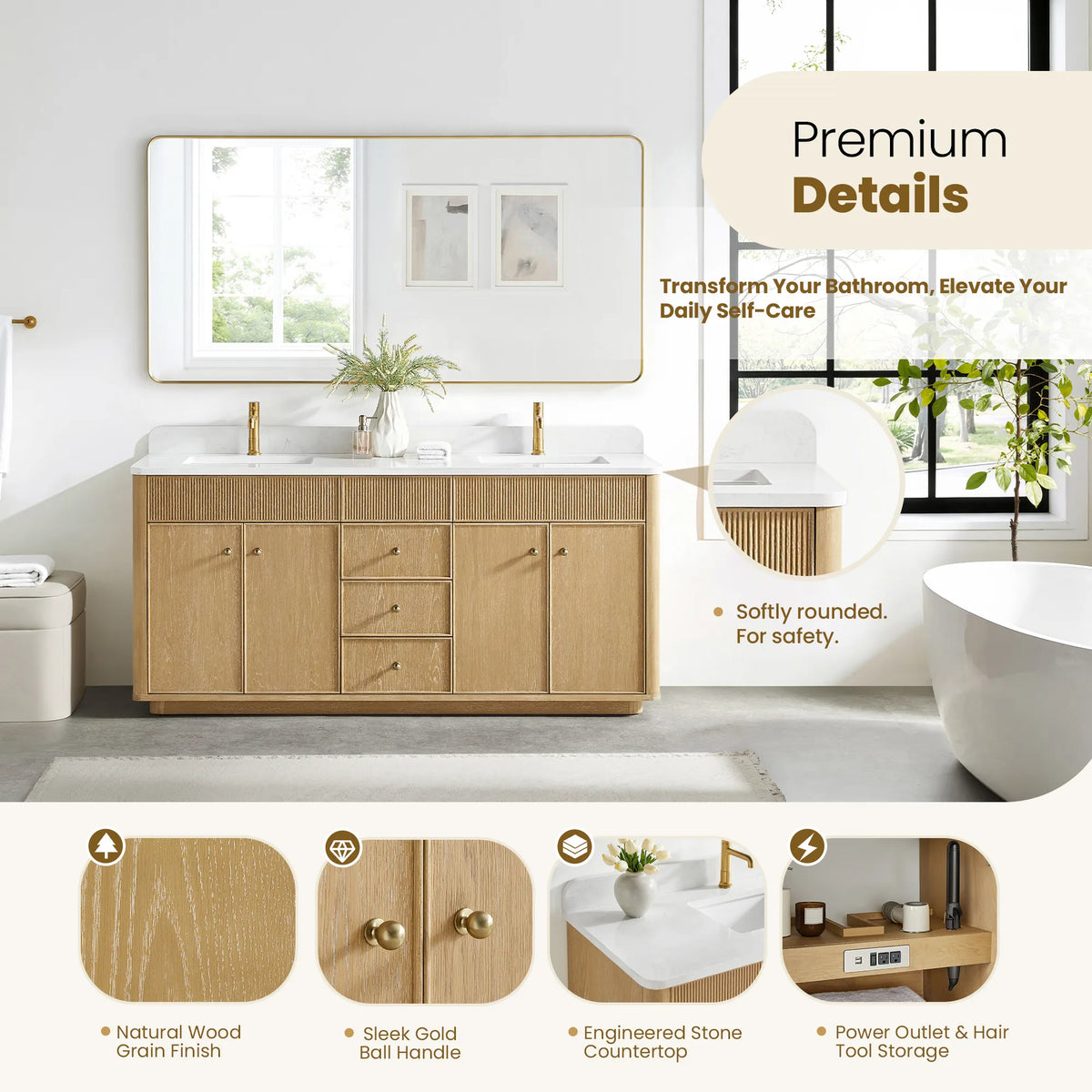 Bathroom view with a detail strip: wood grain, gold ball handle, stone top and hair tool outlets
