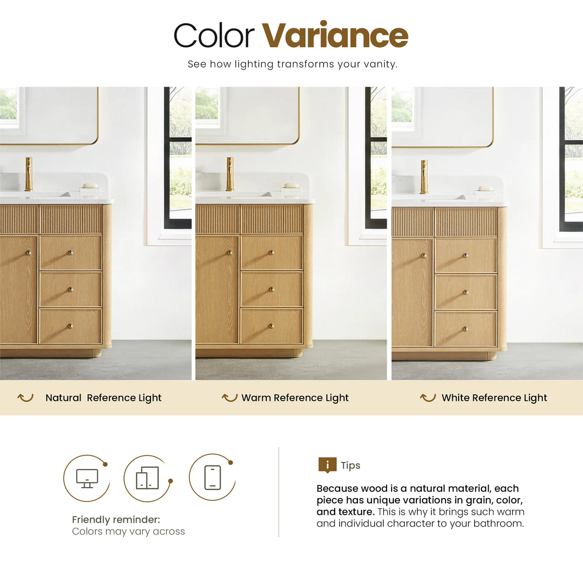 Tip card that wood grain and color vary, with the Washed Ash Grey vanity in natural, warm and white reference light
