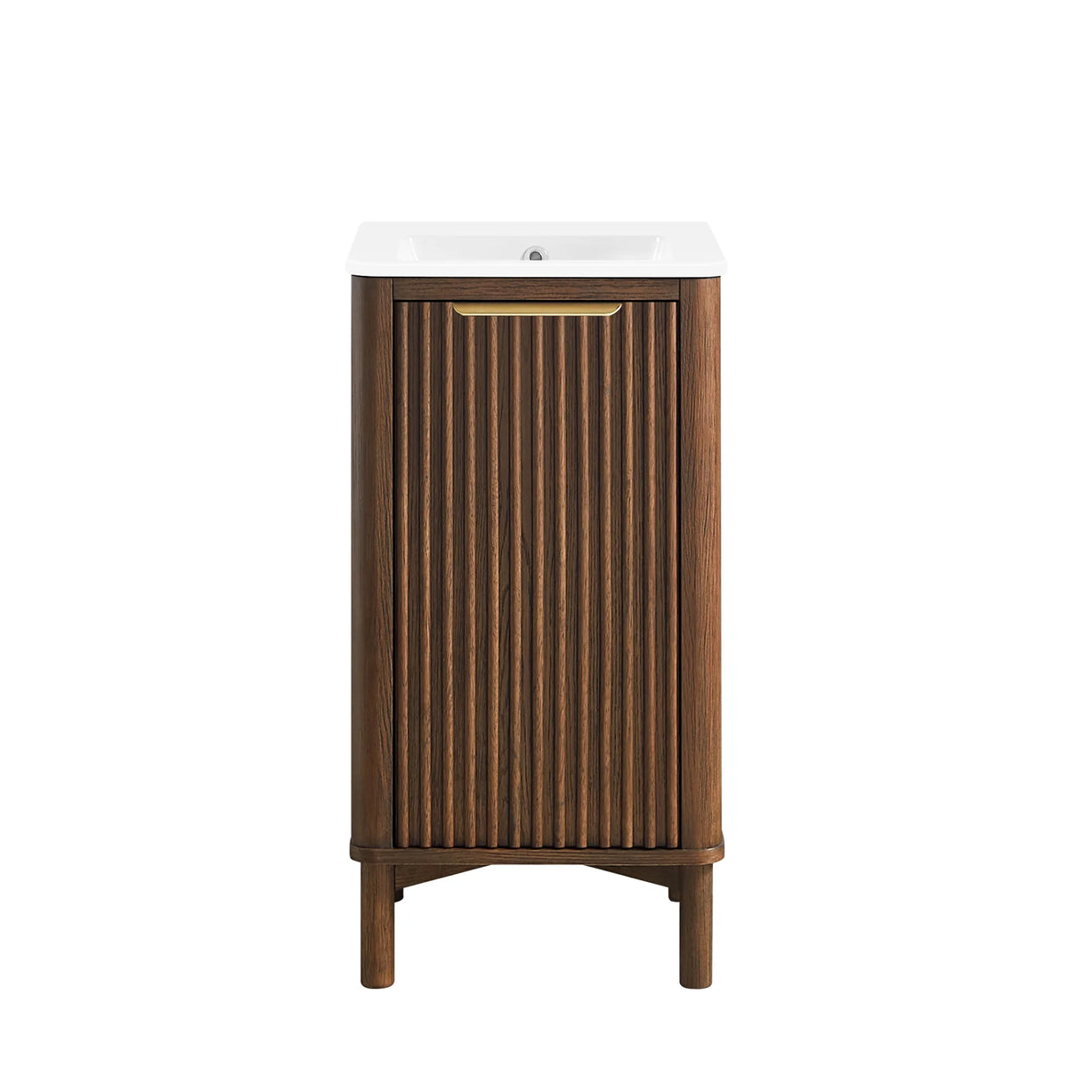 Front view of a compact 18-inch freestanding single bathroom vanity in Aged Dark Brown Oak, on a raised solid wood base