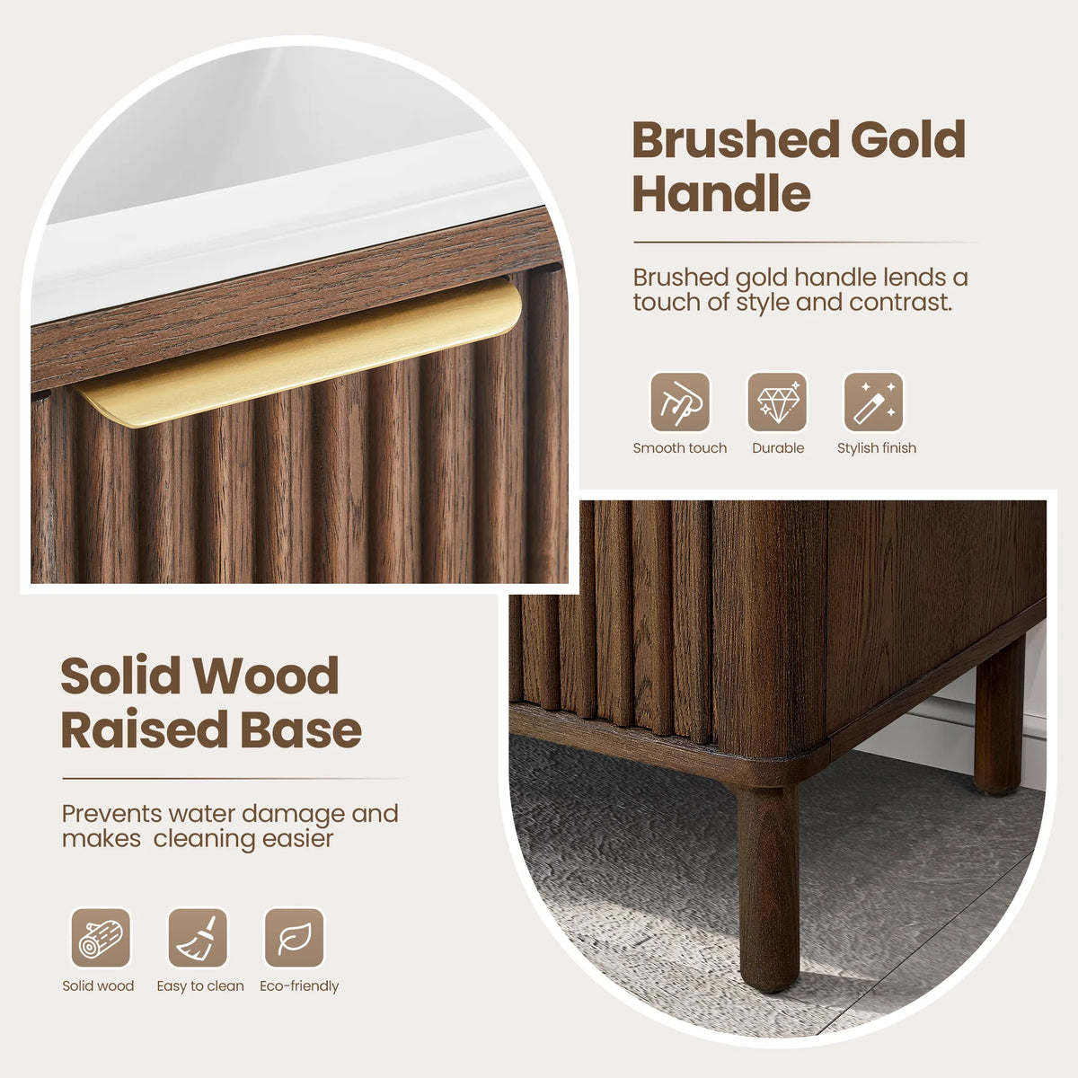 Detail of a slim gold pull on a ribbed door and a rounded leg lifting the 18-inch cabinet off the floor