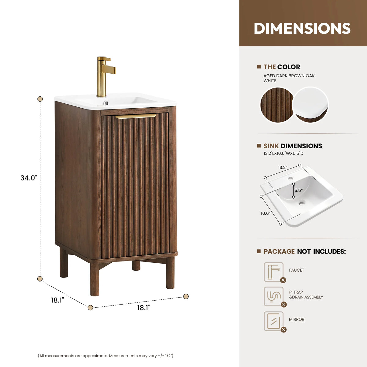Size diagram for the 18-inch vanity: basin dimensions, finish swatches and a not-included list for faucet, mirror and P-trap