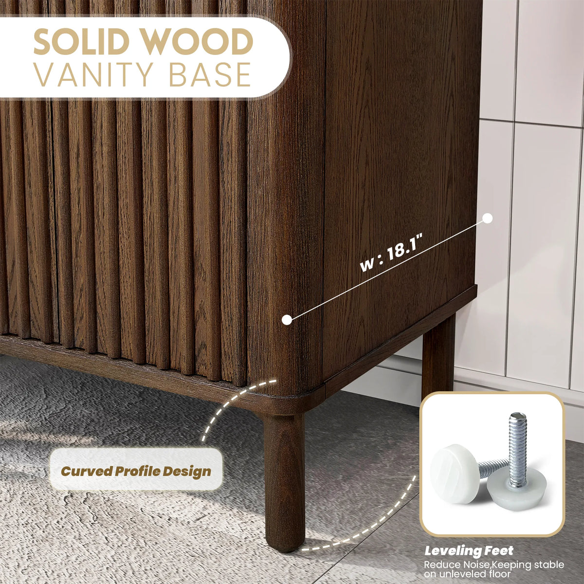 Corner and leg detail of the dark oak cabinet, with a callout for the adjustable leveling foot