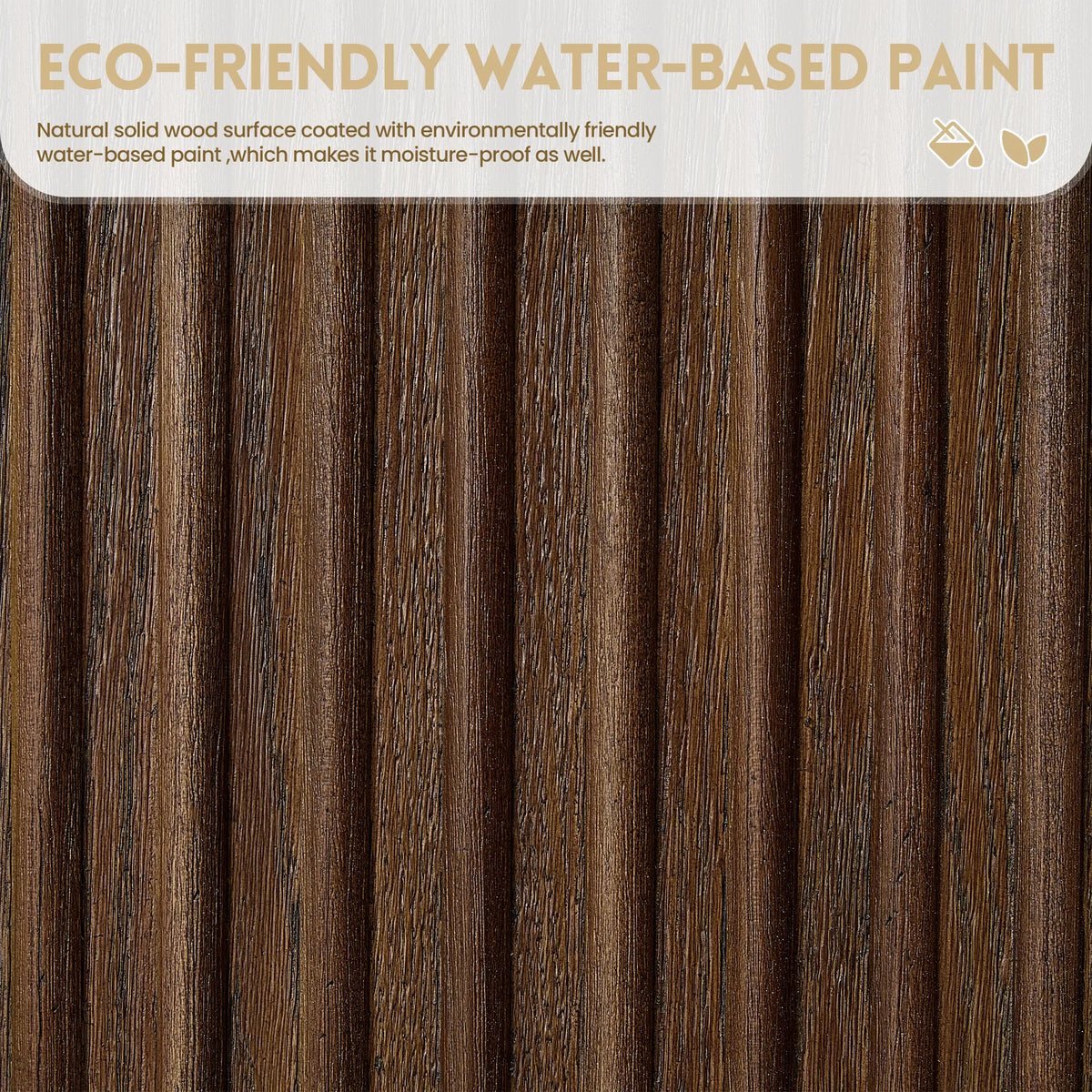 Close texture of ribbed oak boards, captioned as an eco-friendly, moisture-resistant paint finish