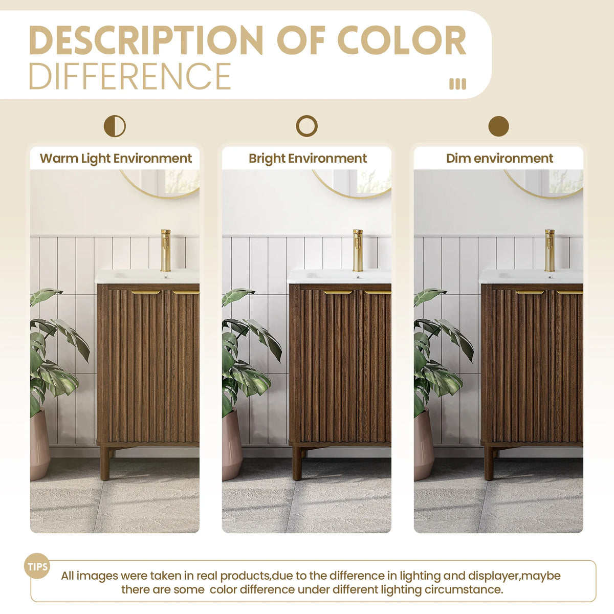 Color difference guide with three bathroom photos of the cabinet and a note that wood varies