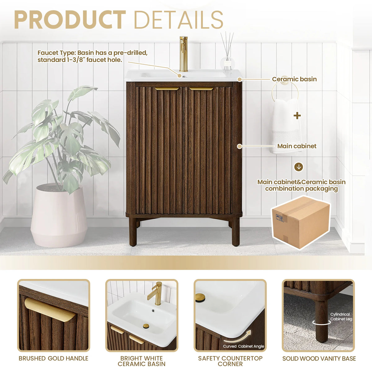 Product details graphic for the 24-inch single vanity: faucet hole note, plus close views of handle, basin, corner and base