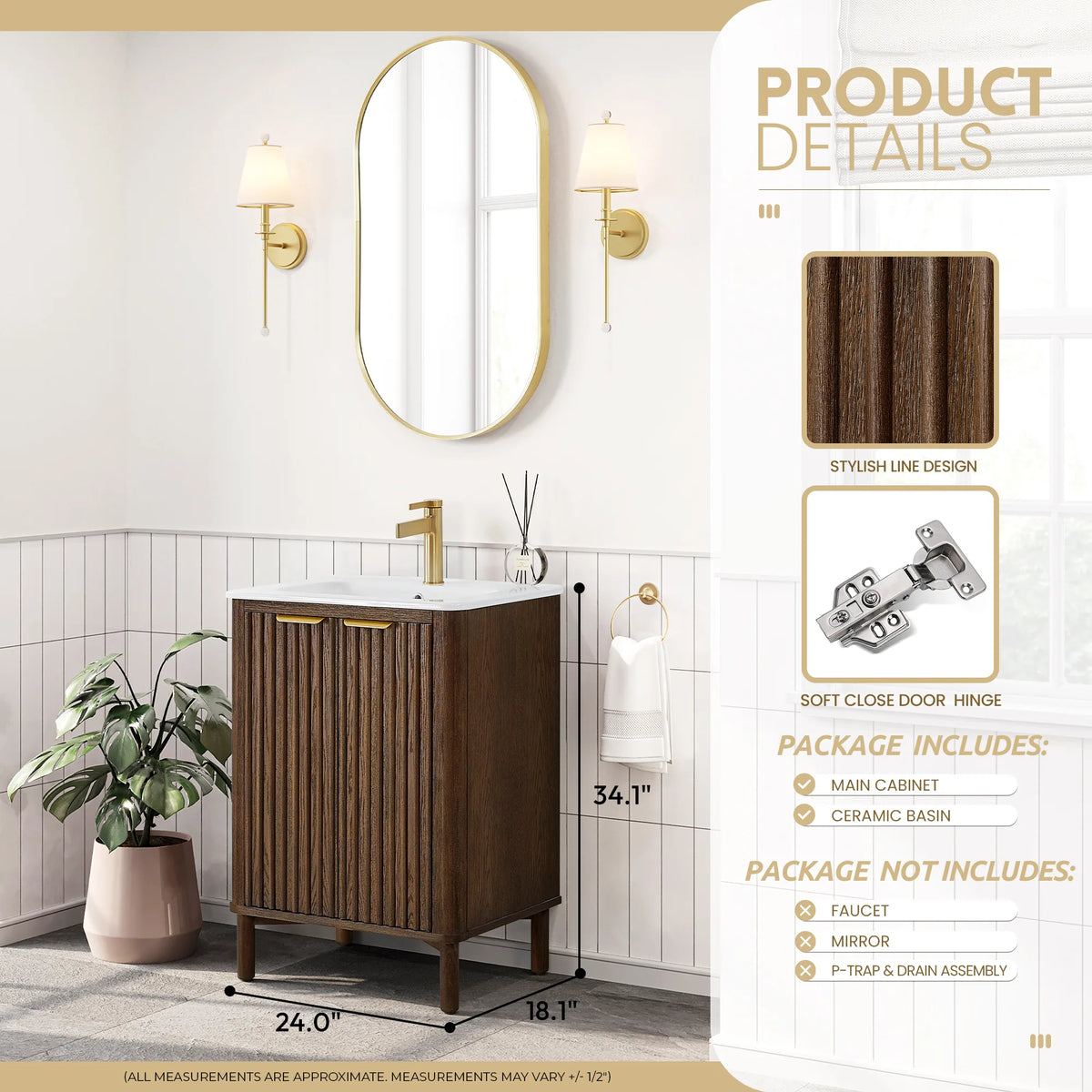 Product details for the 24-inch vanity: stylish line design, soft-close door, package contents and a width and depth drawing