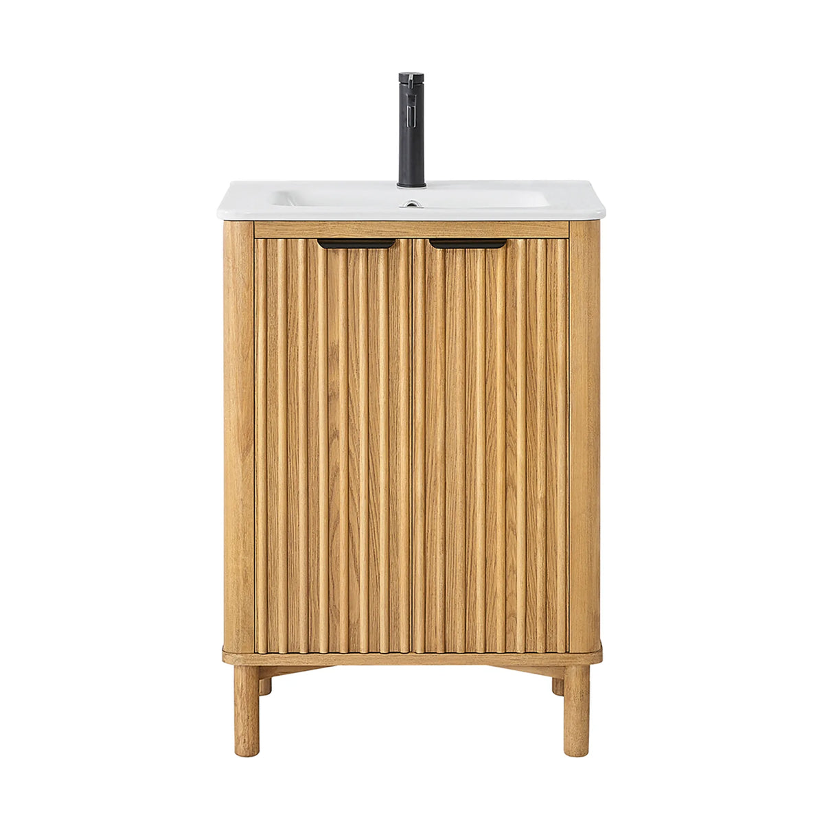 Straight-on studio shot of the 24-inch single vanity and its ribbed double doors; the black faucet pictured is sold apart