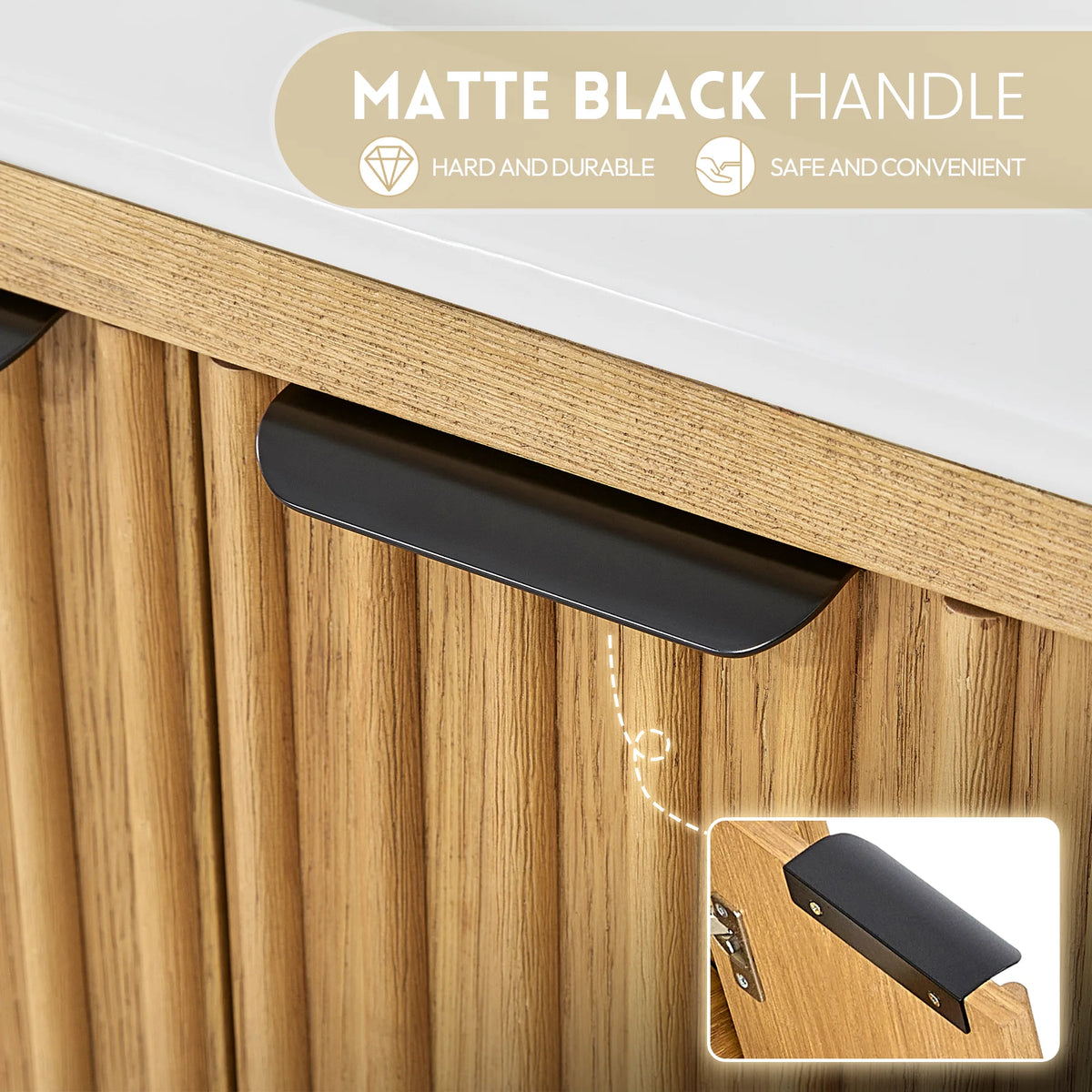 Detail of a curved black pull set into ribbed pale oak, labeled hard and durable