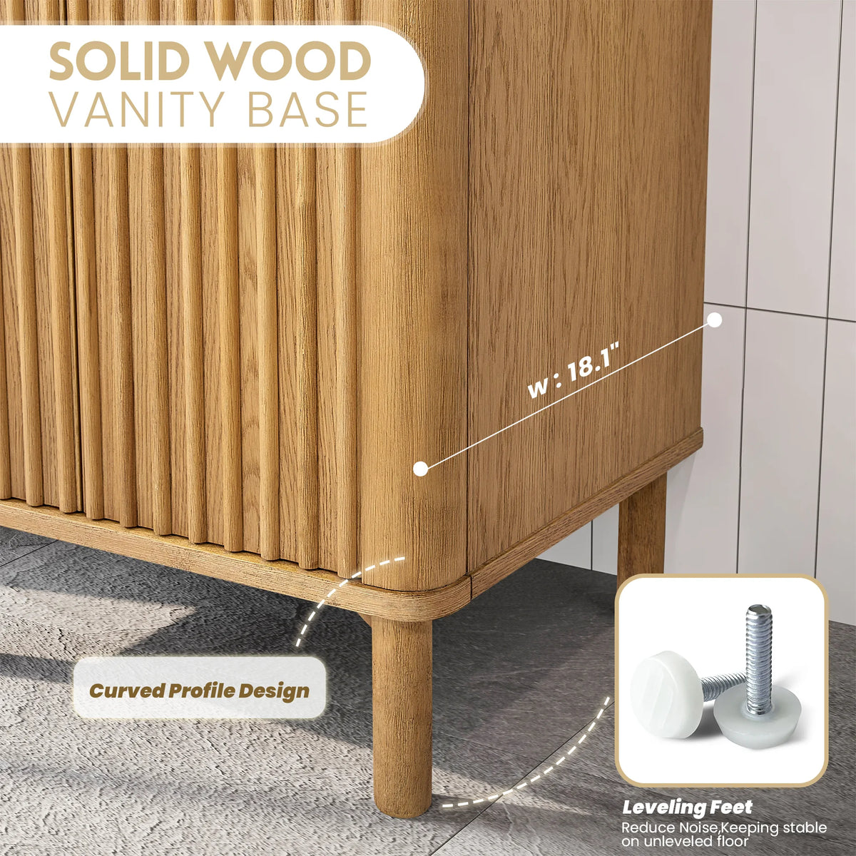 Corner and leg detail of the 24-inch Oak Weathering Light Brown cabinet, with a callout for the adjustable foot
