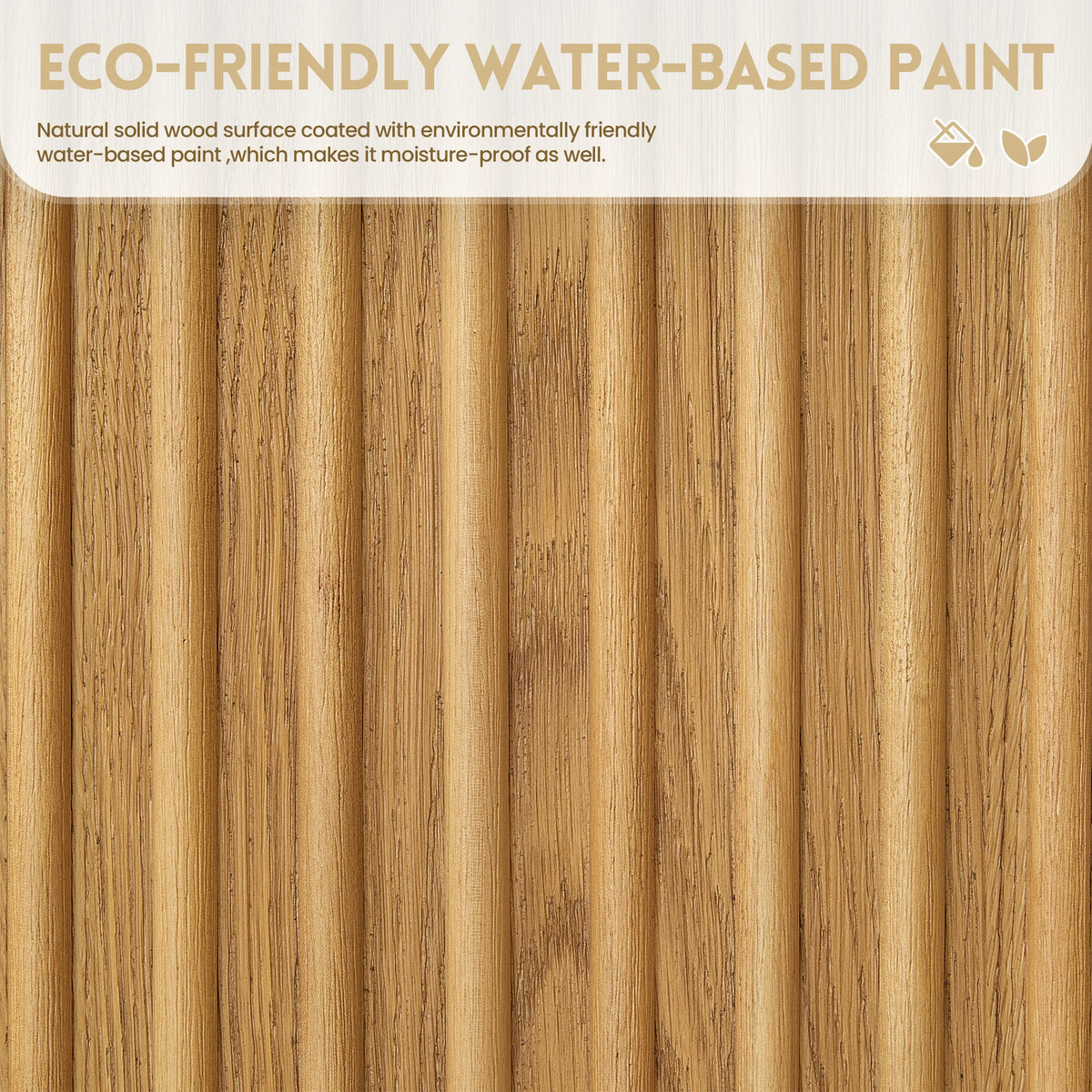 Close texture of ribbed pale oak boards, captioned as environmentally friendly water-based paint on natural solid wood