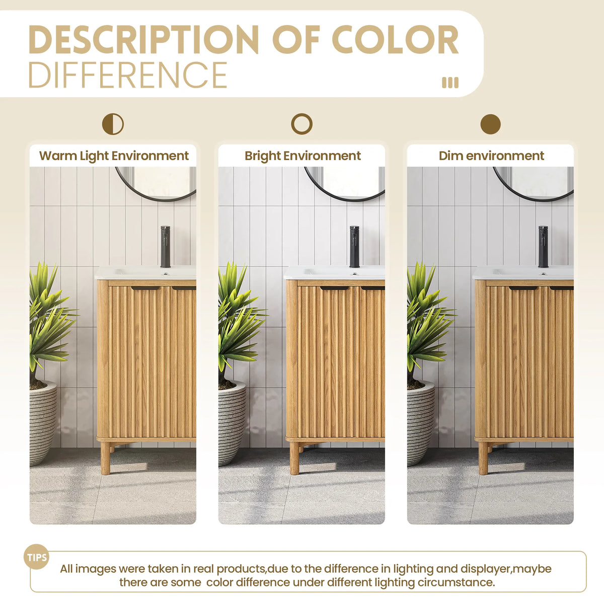 Color difference guide: three bathroom photos of the light oak 24-inch cabinet, with a note that wood varies