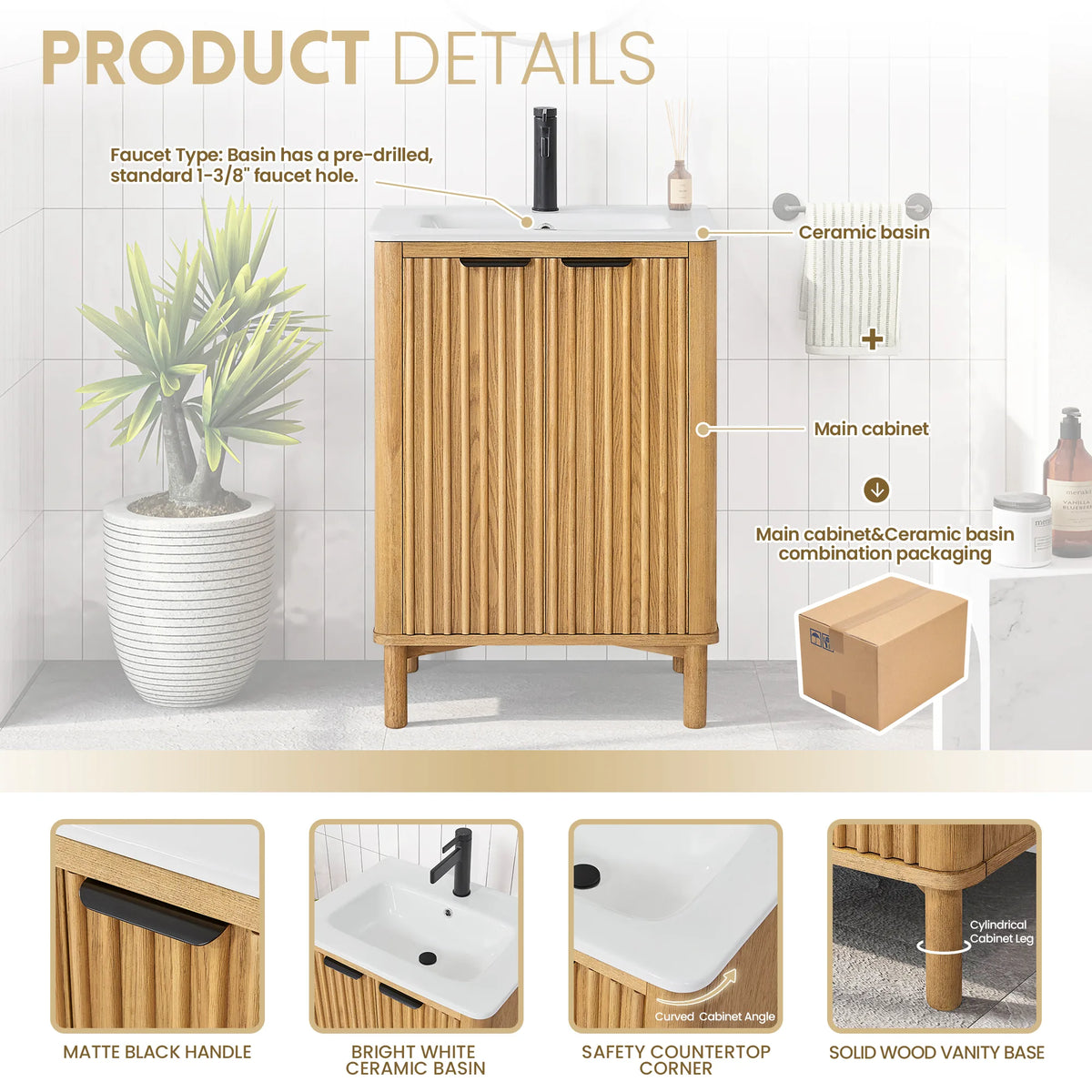 Product details graphic for the 24-inch single vanity: faucet hole note, plus close views of handle, basin, corner and base