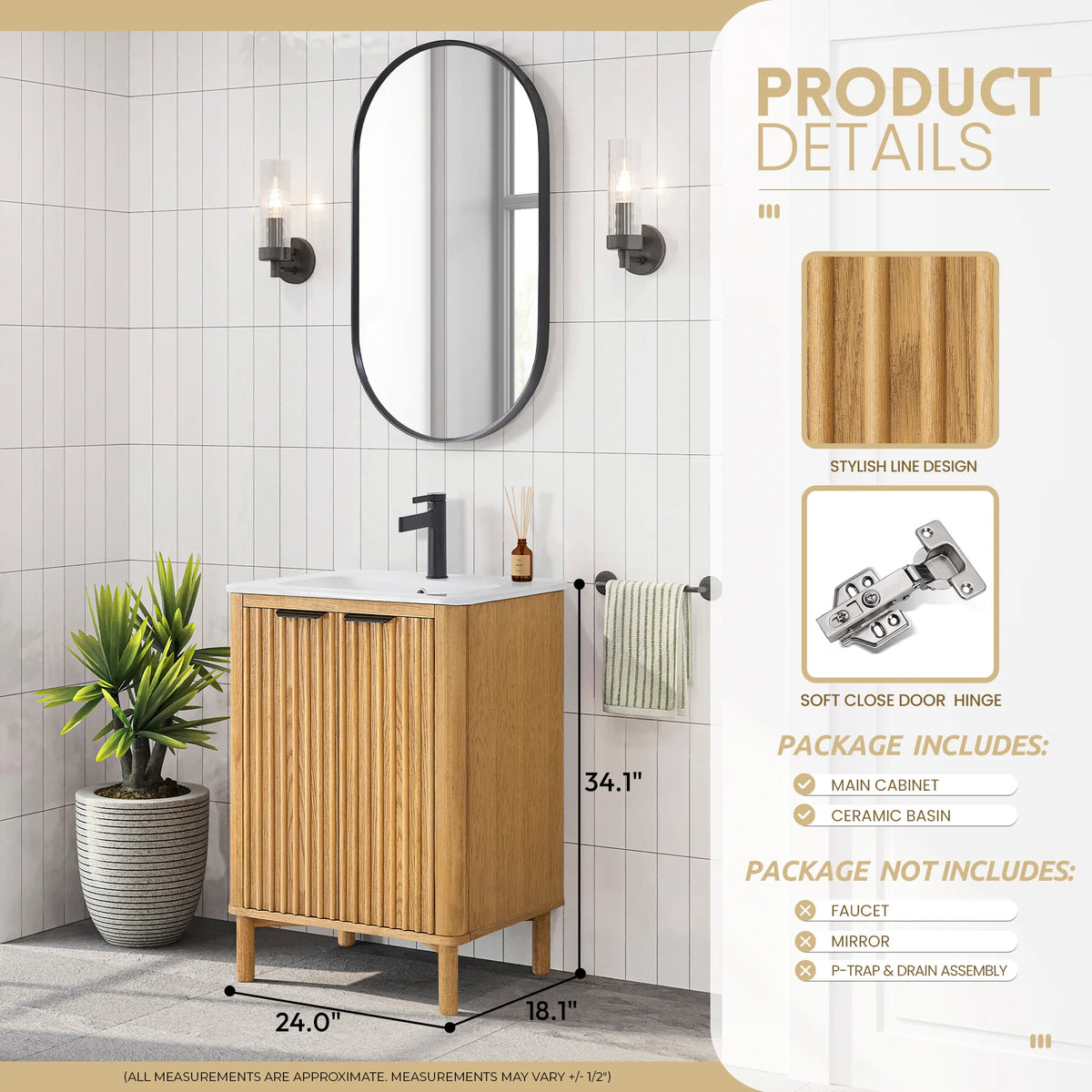 Product details for the 24-inch light oak vanity: line design, soft-close door, included parts and a width and depth drawing