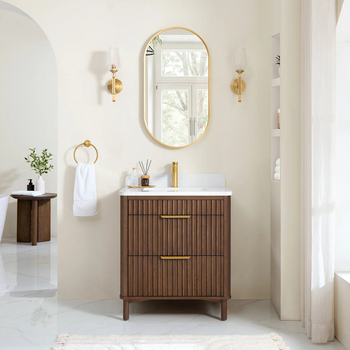 Bathroom scene for the 30-inch vanity and its matching mirror, with two wall sconces, plus a stool and a towel ring