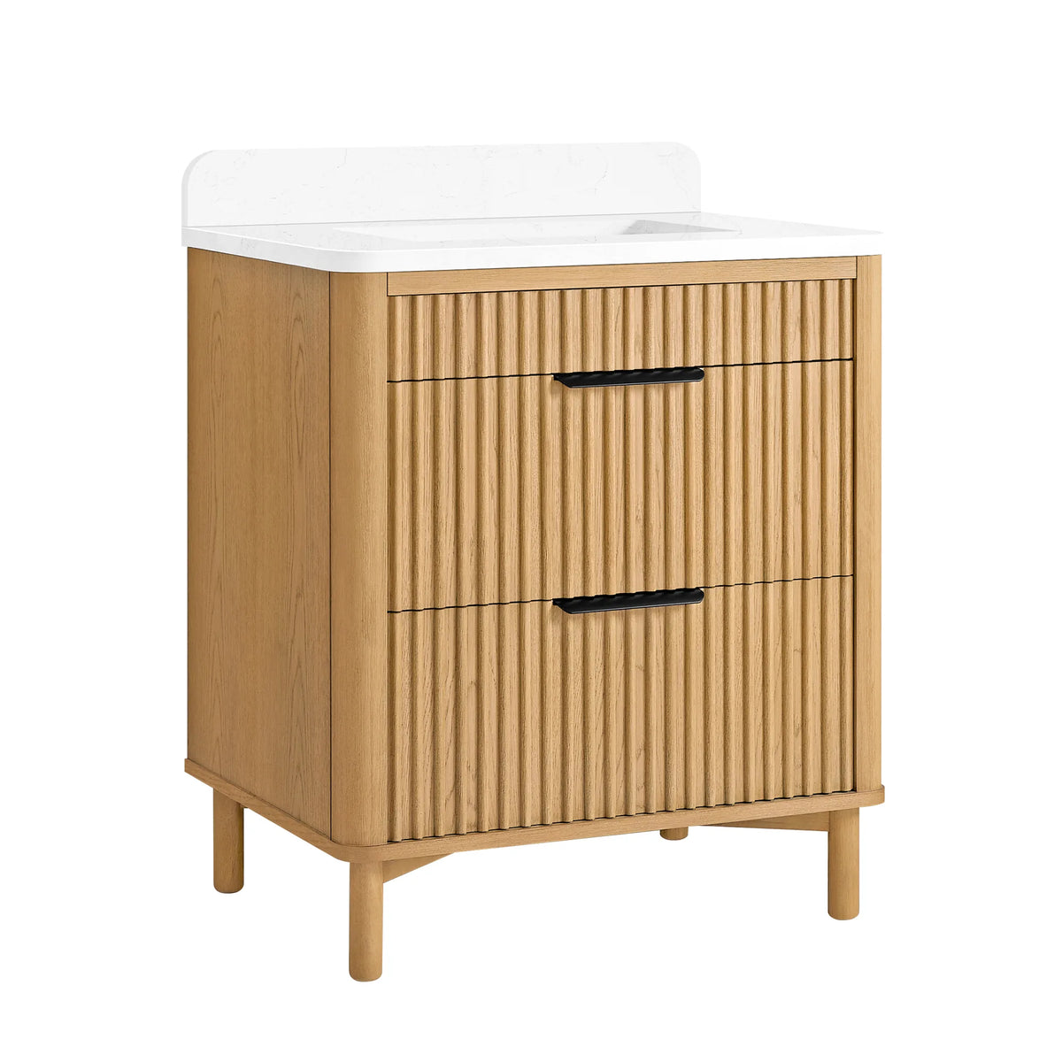 Front view of a 30-inch freestanding single bathroom vanity in Oak Weathering Light Brown, backsplash behind the top