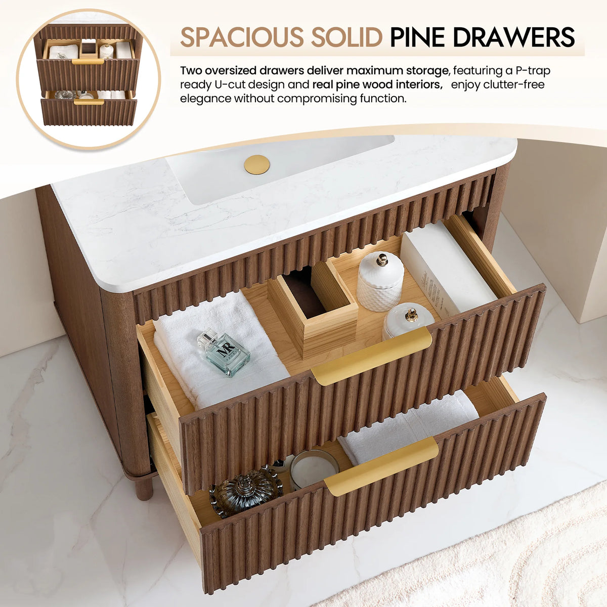 Spacious drawers on the 36-inch vanity pulled out over a cream rug, with an inset of the closed cabinet