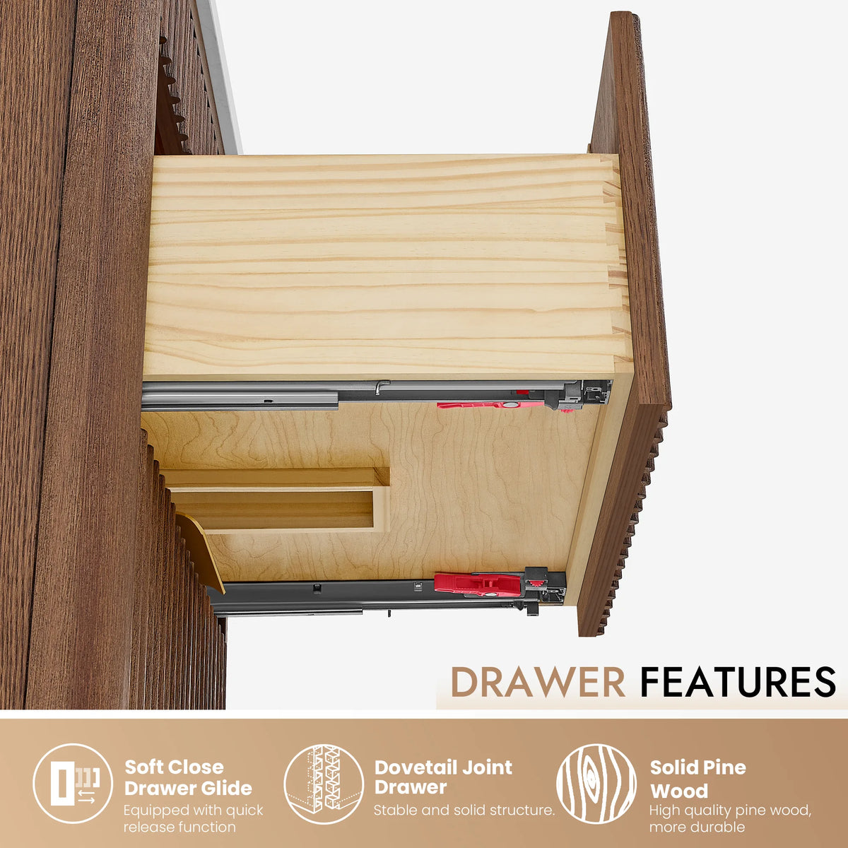 Side view of a 36-inch vanity drawer, its metal glide with quick release and a notch cut in the light wood box