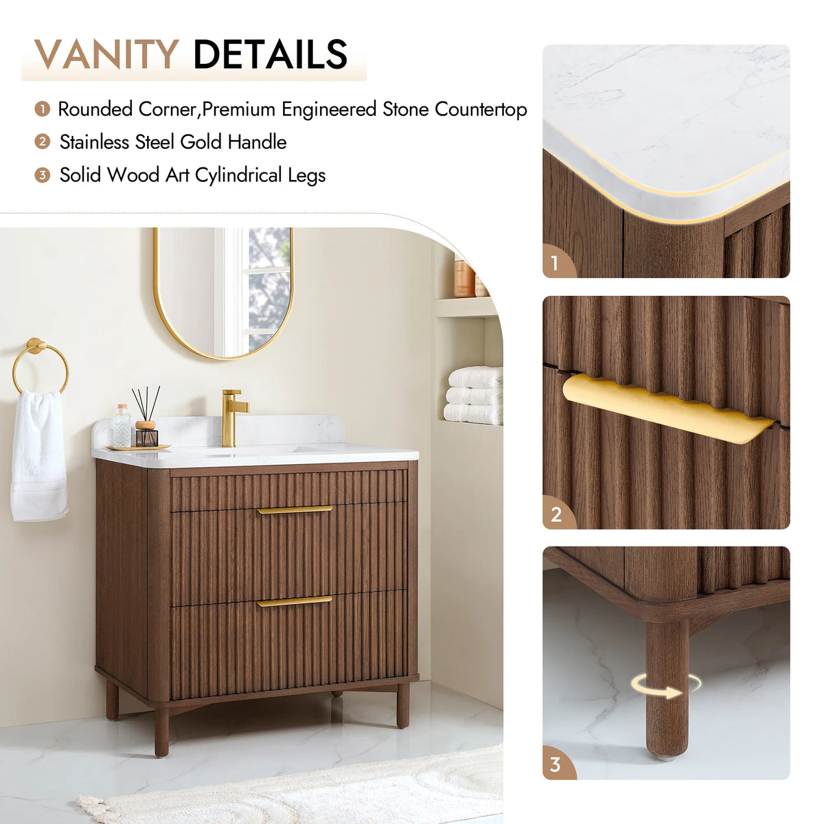 Vanity details graphic for the 36-inch cabinet, with a stone top edge, a pull and a turned leg in side panels