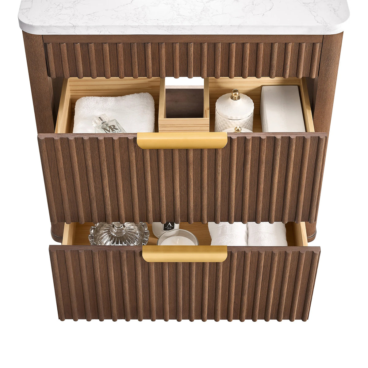 Top-down look at the 36-inch Aged Dark Brown Oak vanity, two fluted drawers pulled out under a white stone top