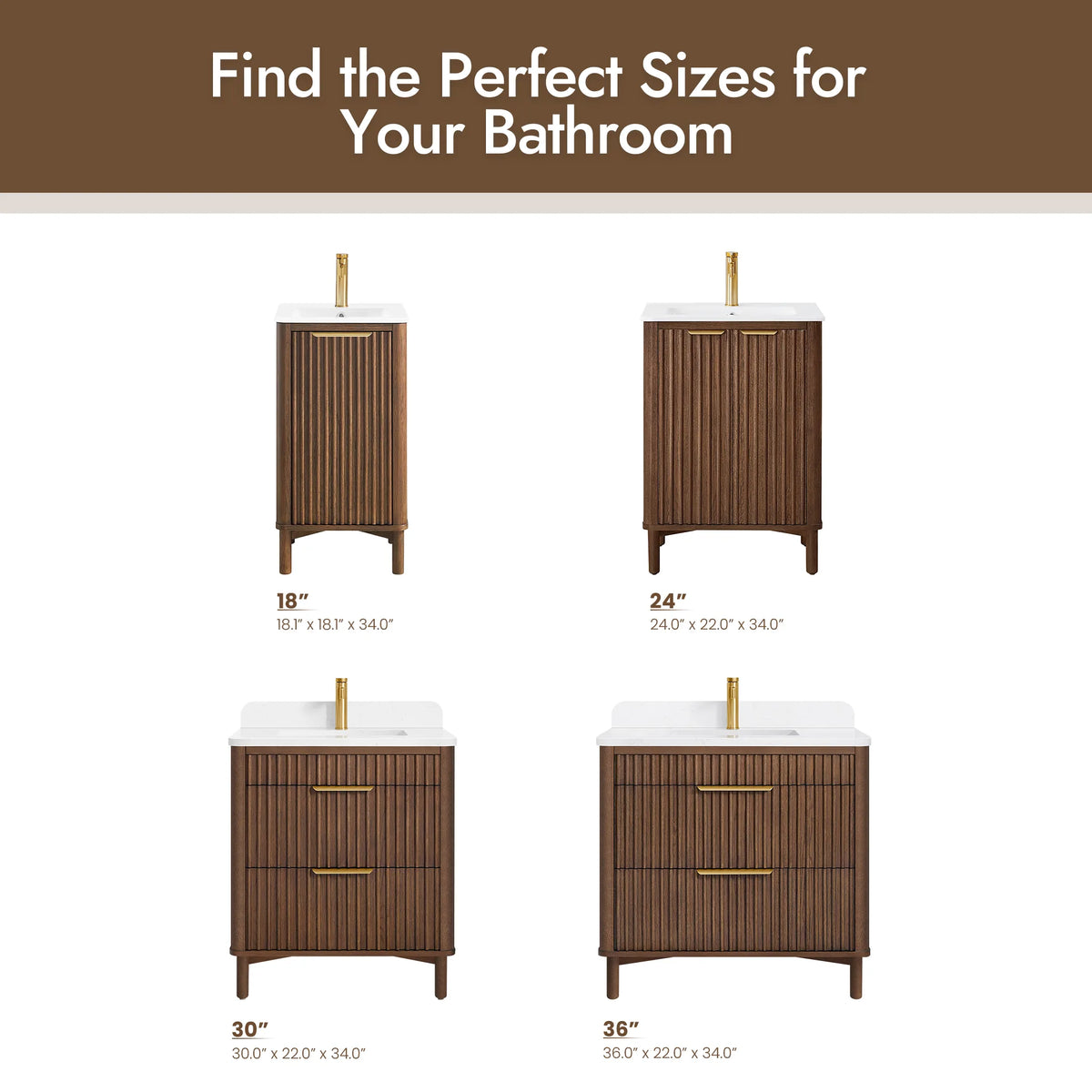 Sizing graphic with the line's vanities in two rows, narrower cabinets above and wider ones below, each with measurements