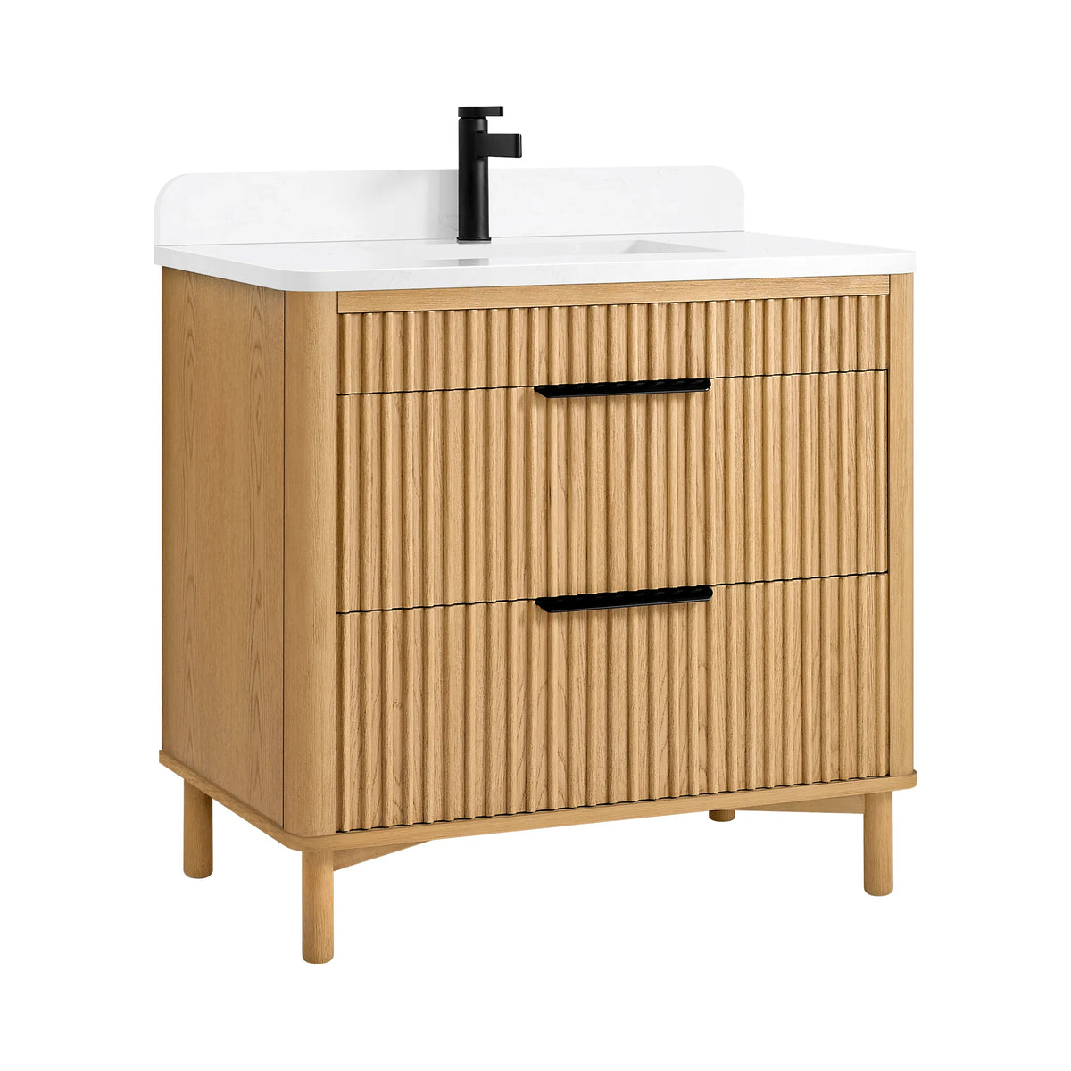 Straight-on studio shot of the 36-inch single vanity, two ribbed drawers and tall legs; the black faucet is separate