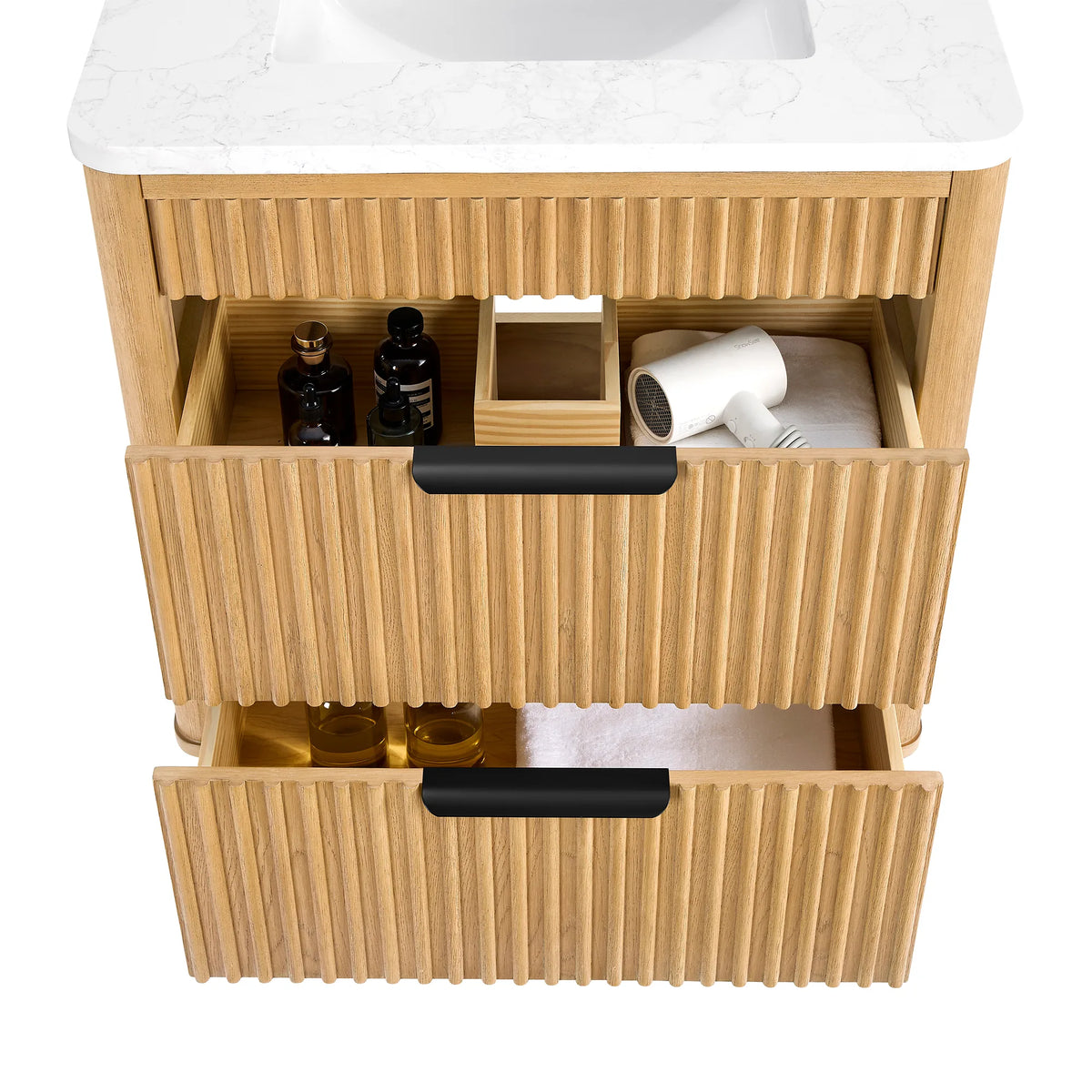 Top-down look at the 36-inch Oak Weathering Light Brown vanity, two fluted drawers pulled out under a white stone top