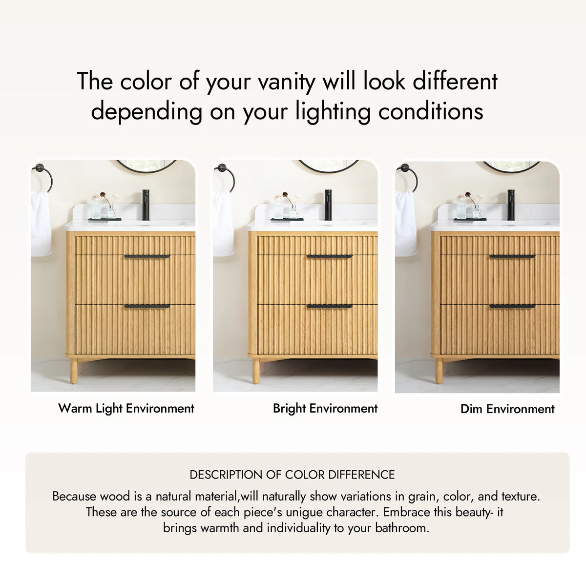 Color difference guide with three small room photos of the light oak finish, for the 36-inch size
