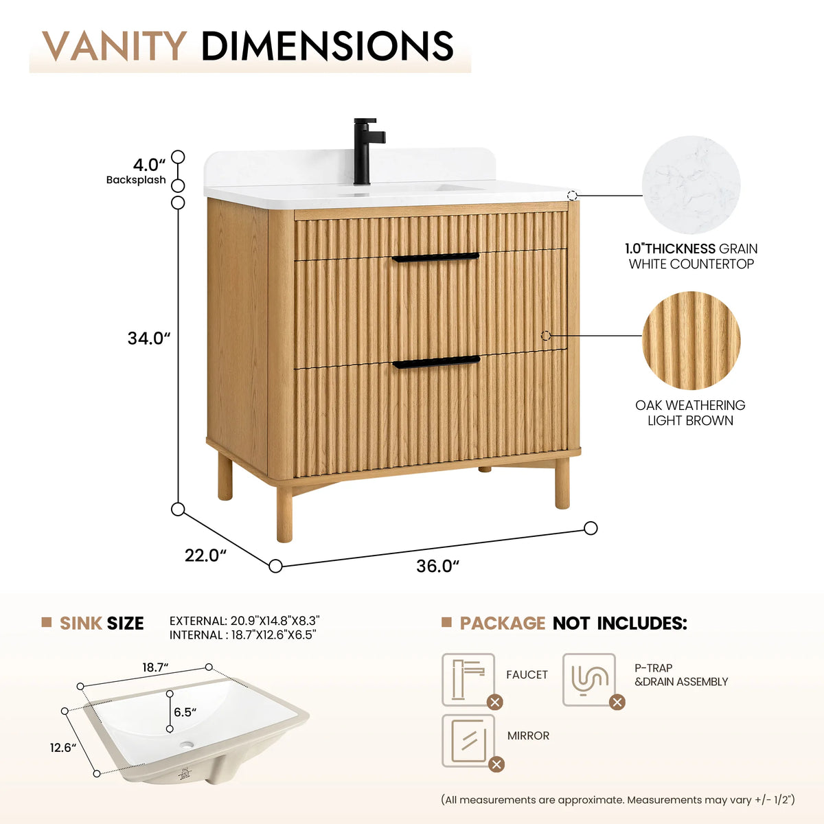Measured diagram of the 36-inch light oak vanity with a sink sketch and a list of what is not included