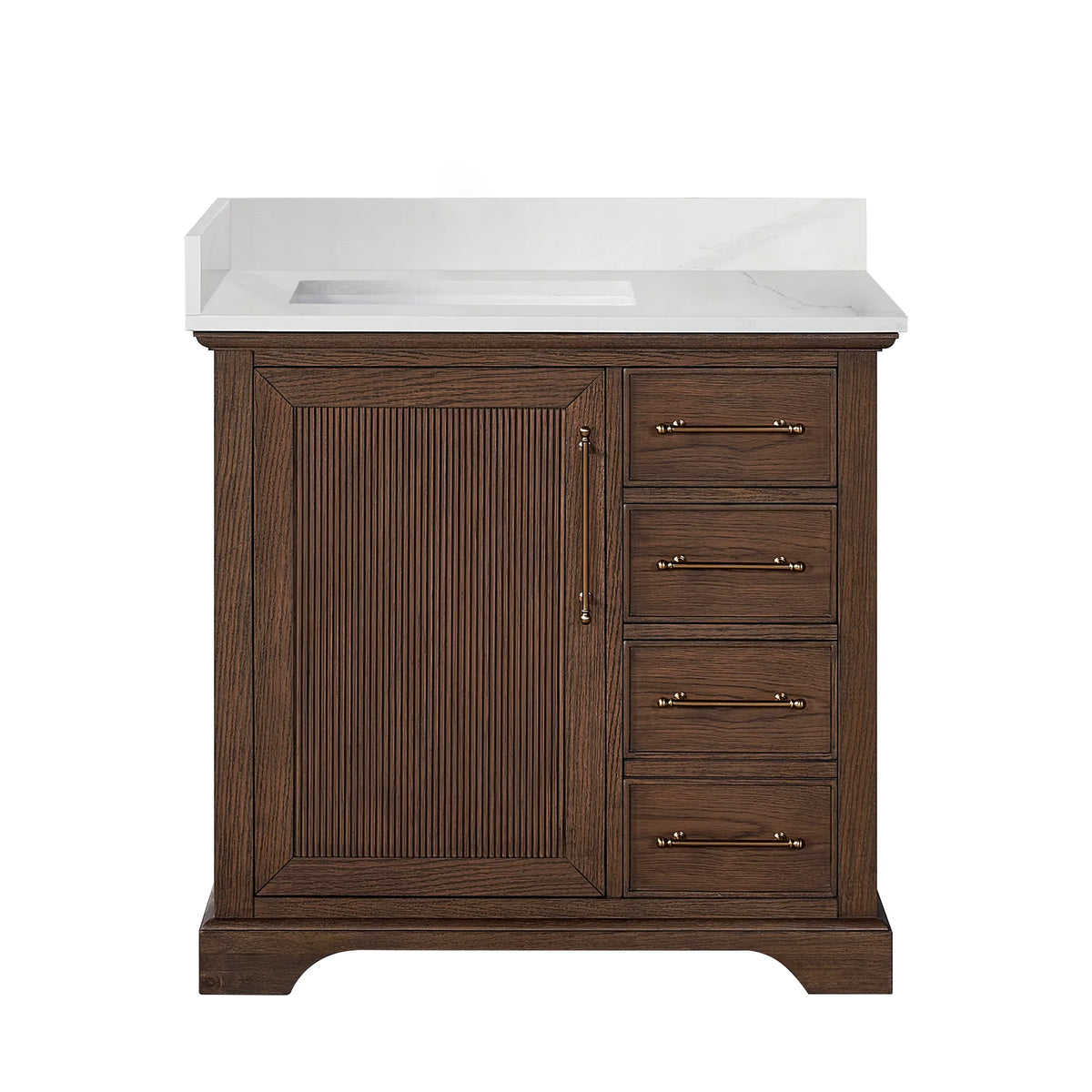 Freestanding single bathroom vanity, 36 inches wide, finished in Aged Dark Brown Oak under a Silk White Quartz top