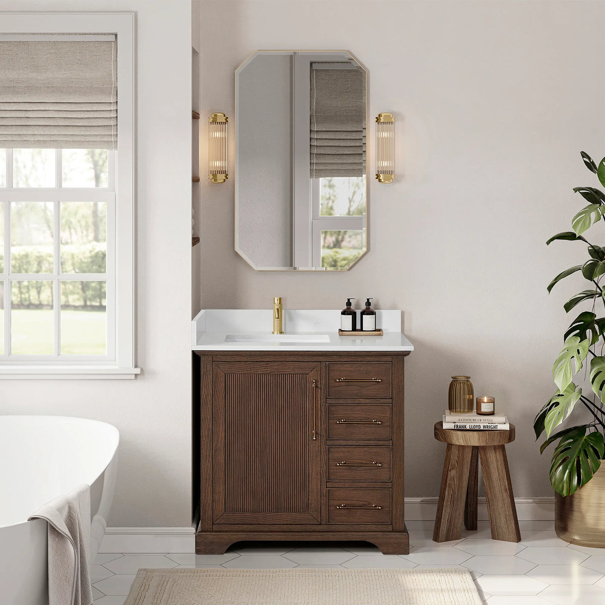 Bathroom scene with an octagonal mirror and a 36 inch single vanity, greige walls and a shaded window