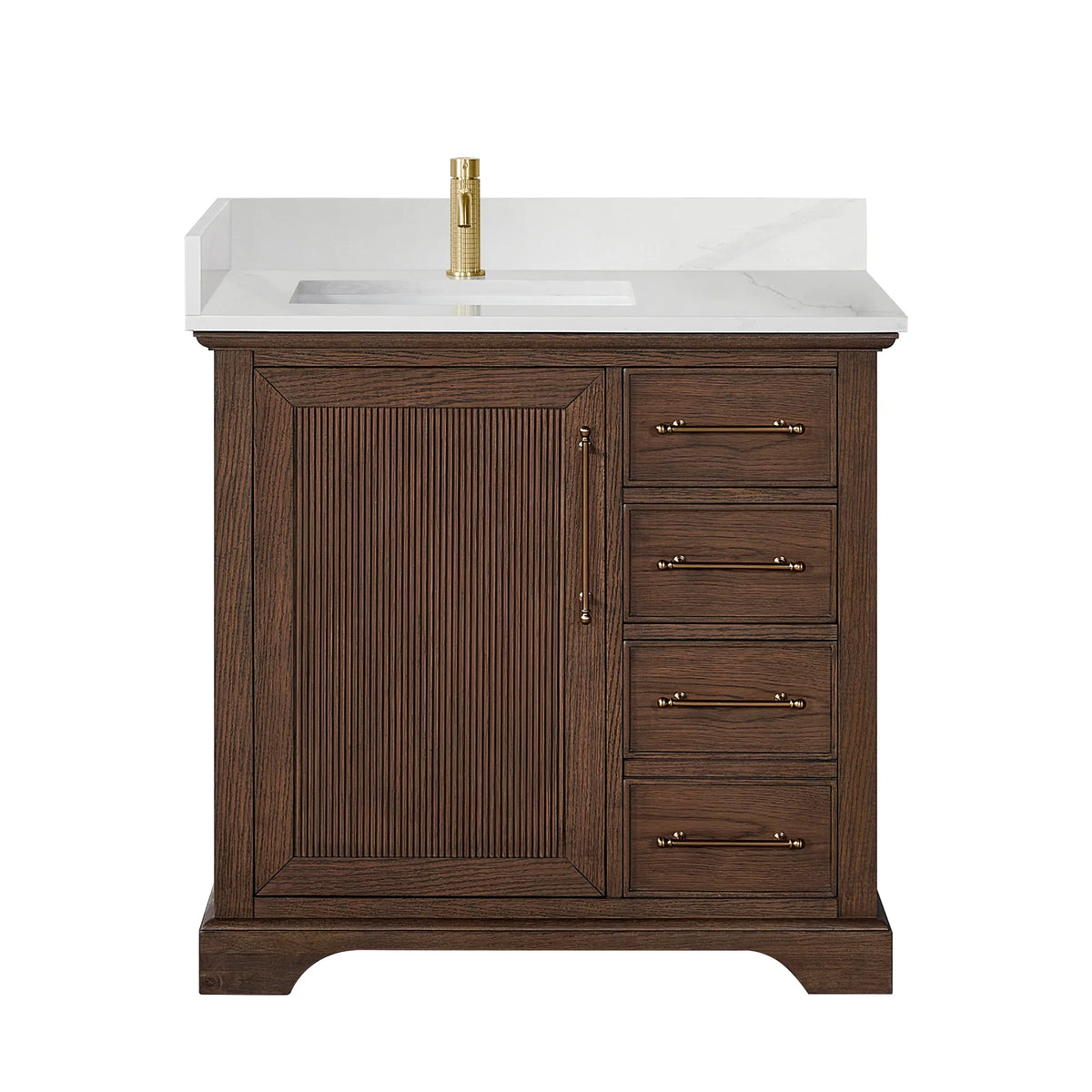 Aged Dark Brown Oak single vanity front view with faucet pictured, faucet not included