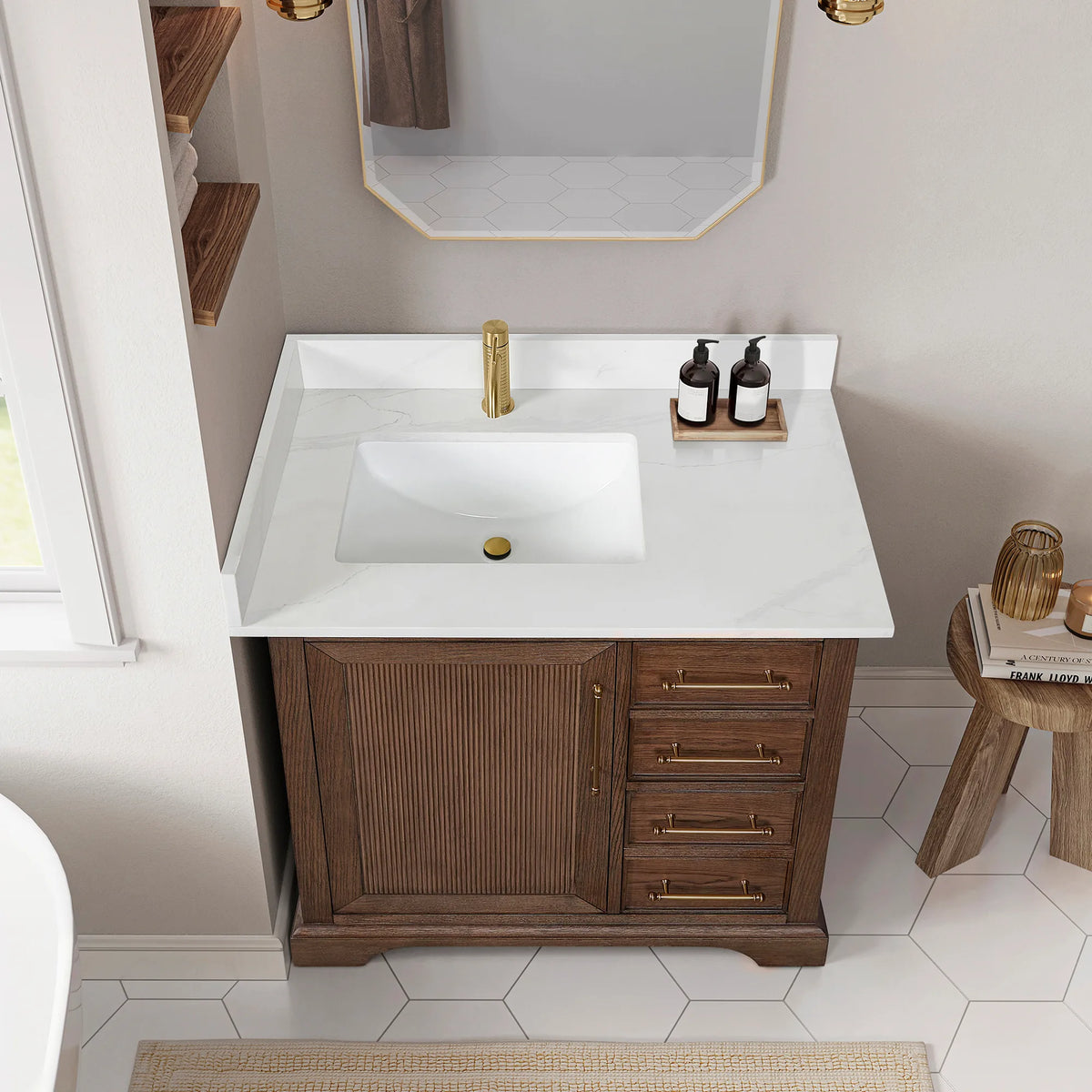 Looking down on a 36 inch Aged Dark Brown Oak single vanity top with an undermount sink