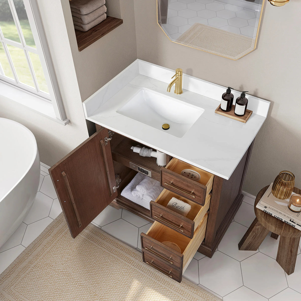 High-angle scene with the cabinet open: 36 inch single vanity in Aged Dark Brown Oak