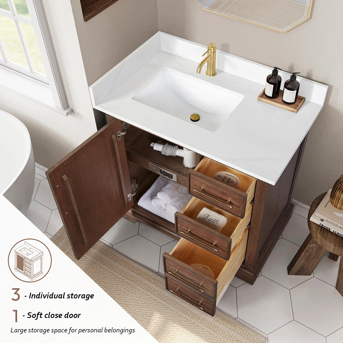 Aged Dark Brown Oak single vanity opened to show organized storage behind soft-close doors