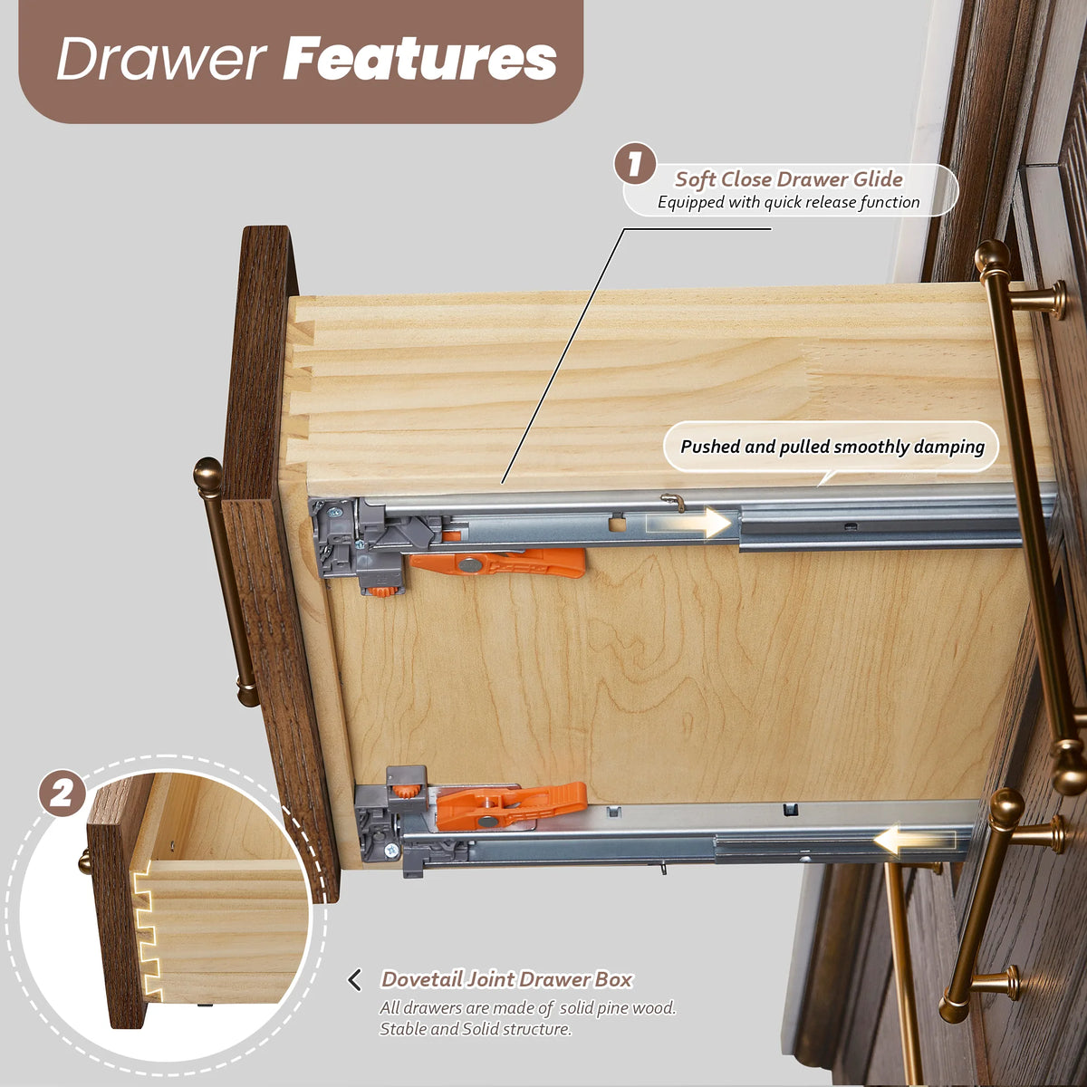 Cutaway of a 36 inch vanity drawer with its soft-close slide and dovetail box