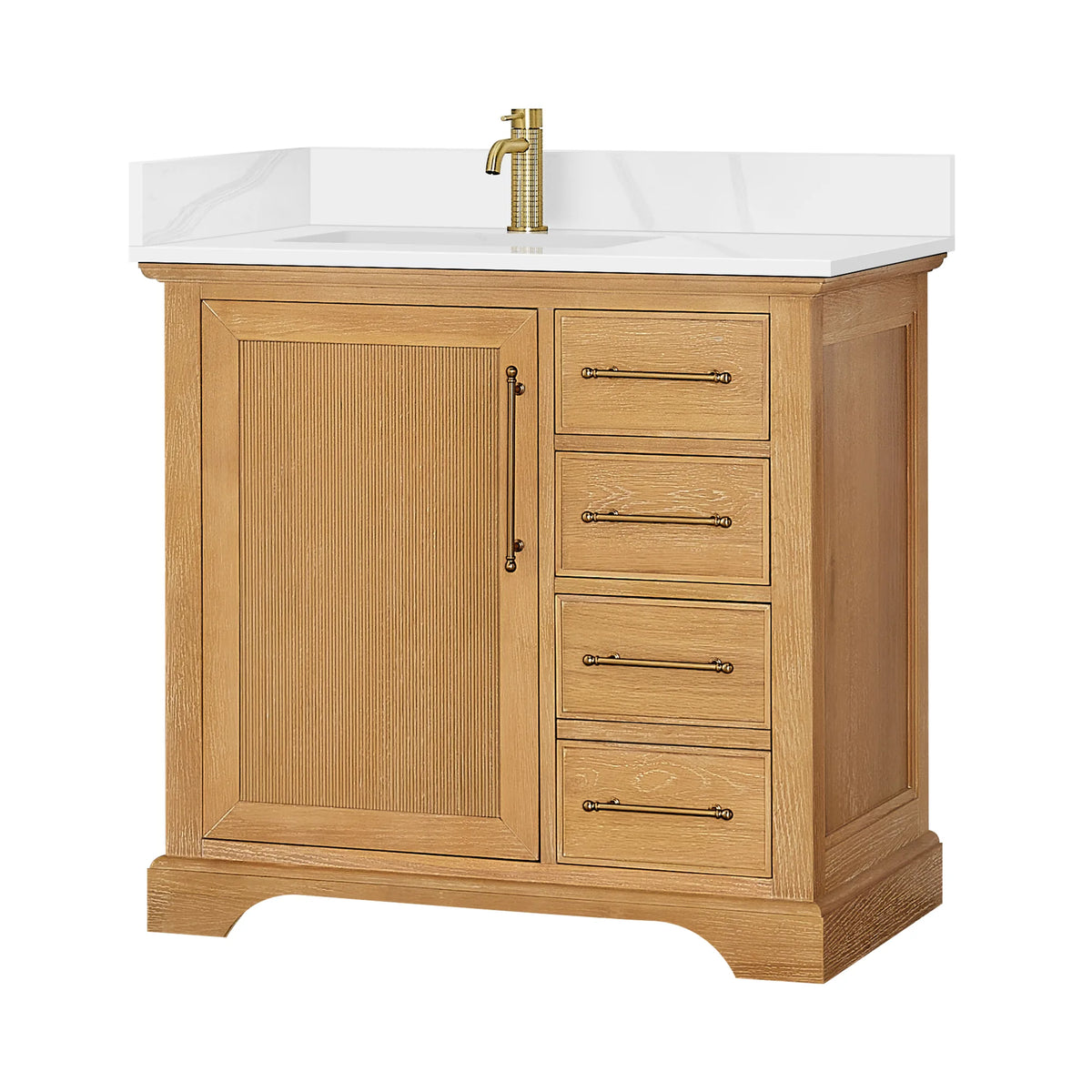 Oak Natural Brown single vanity front view with faucet pictured, faucet not included