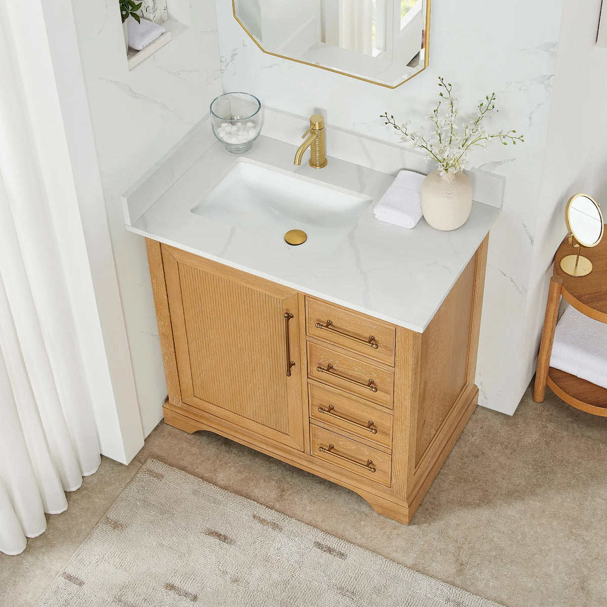 Looking down on a 36 inch Oak Natural Brown single vanity top with an undermount sink