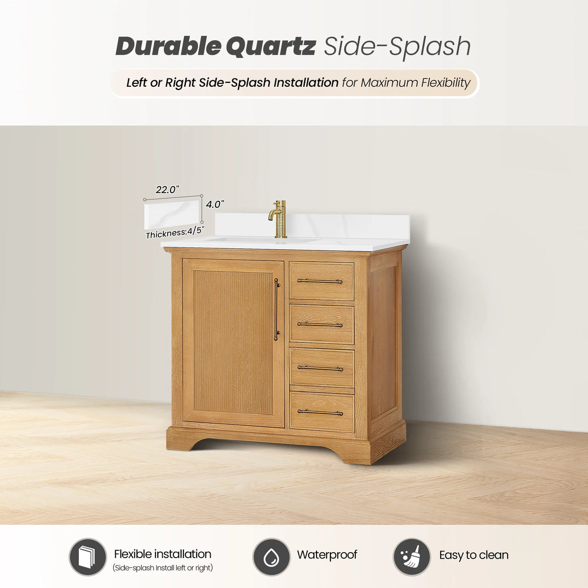 Flexible side-splash installation shown on a 36 inch single vanity in Oak Natural Brown