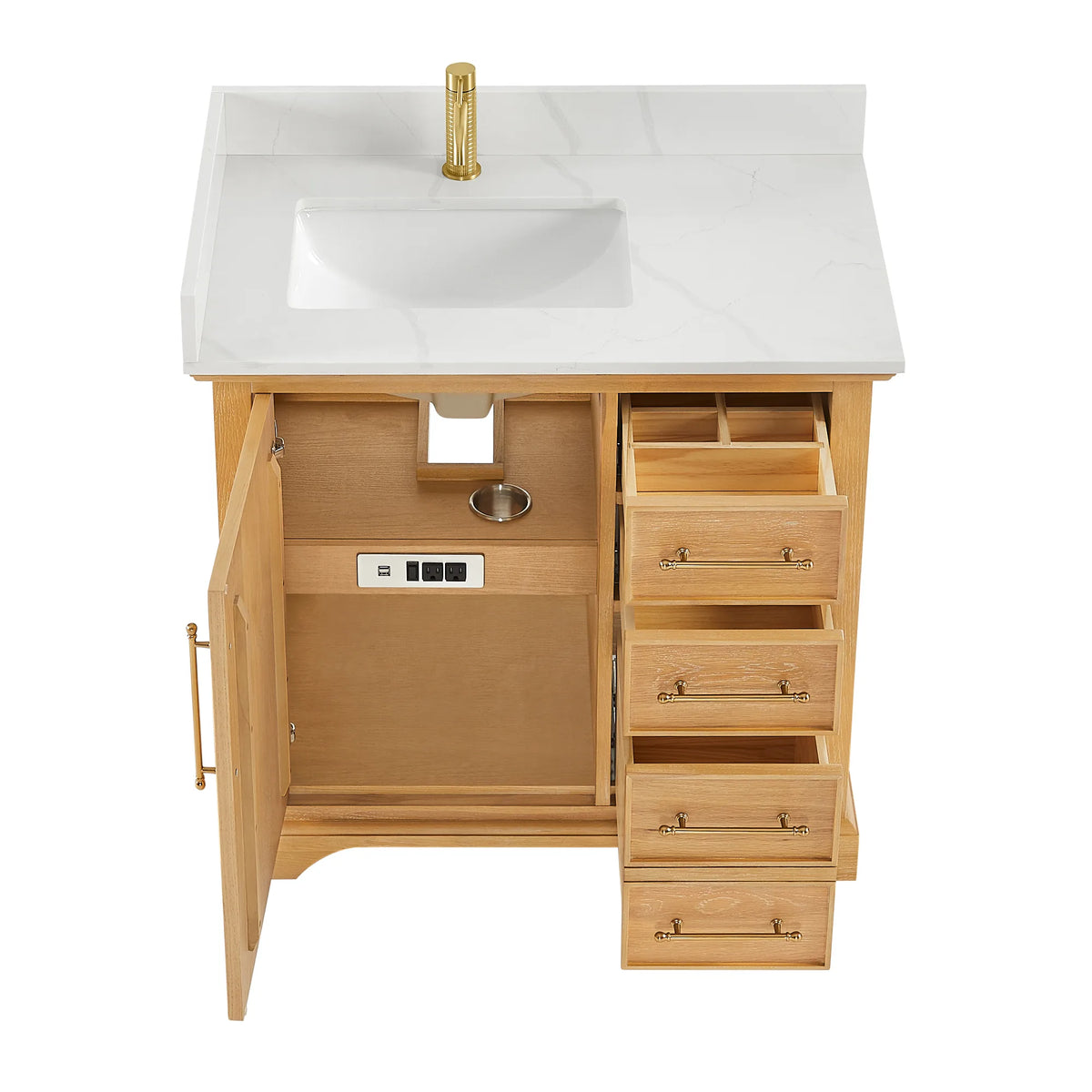 Open storage on a plain background, single vanity in Oak Natural Brown