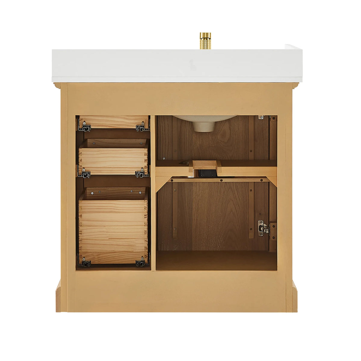 Shelving and open back inside a 36 inch Oak Natural Brown single vanity, front view