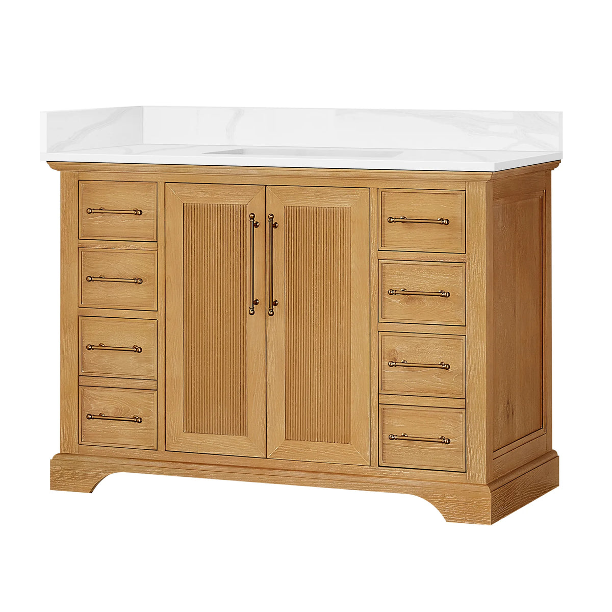 Oak Natural Brown single bathroom vanity, 48 inches wide, with a Silk White Quartz top and gold handles