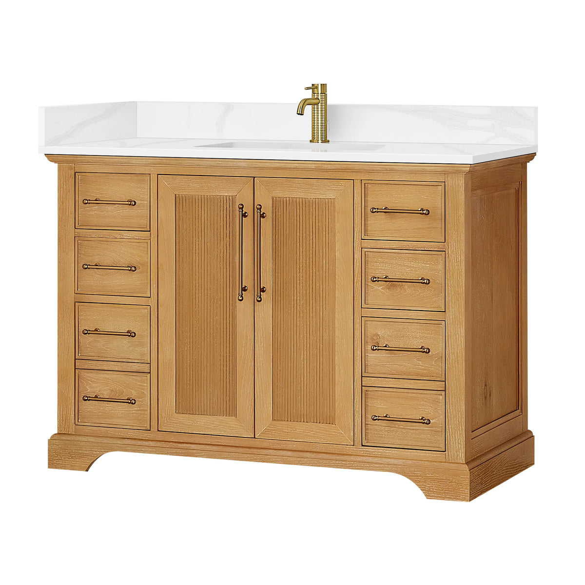 Single bath vanity in Oak Natural Brown on white, pictured with a faucet that is not included