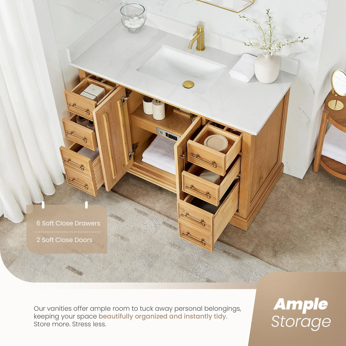 Room view from above of a 48 inch Oak Natural Brown single vanity with doors and drawers open