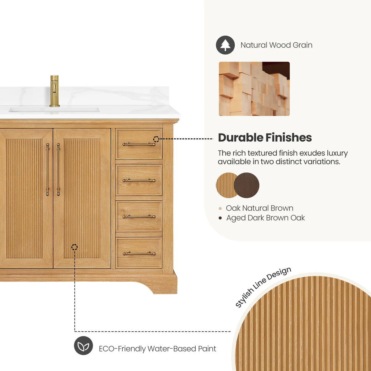 Durable finishes panel for the 48 inch Oak Natural Brown single vanity with a fluted line detail