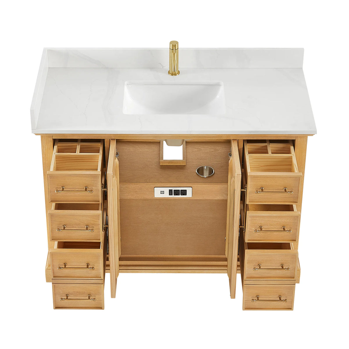 48 inch single vanity in Oak Natural Brown, front view with every door and drawer open