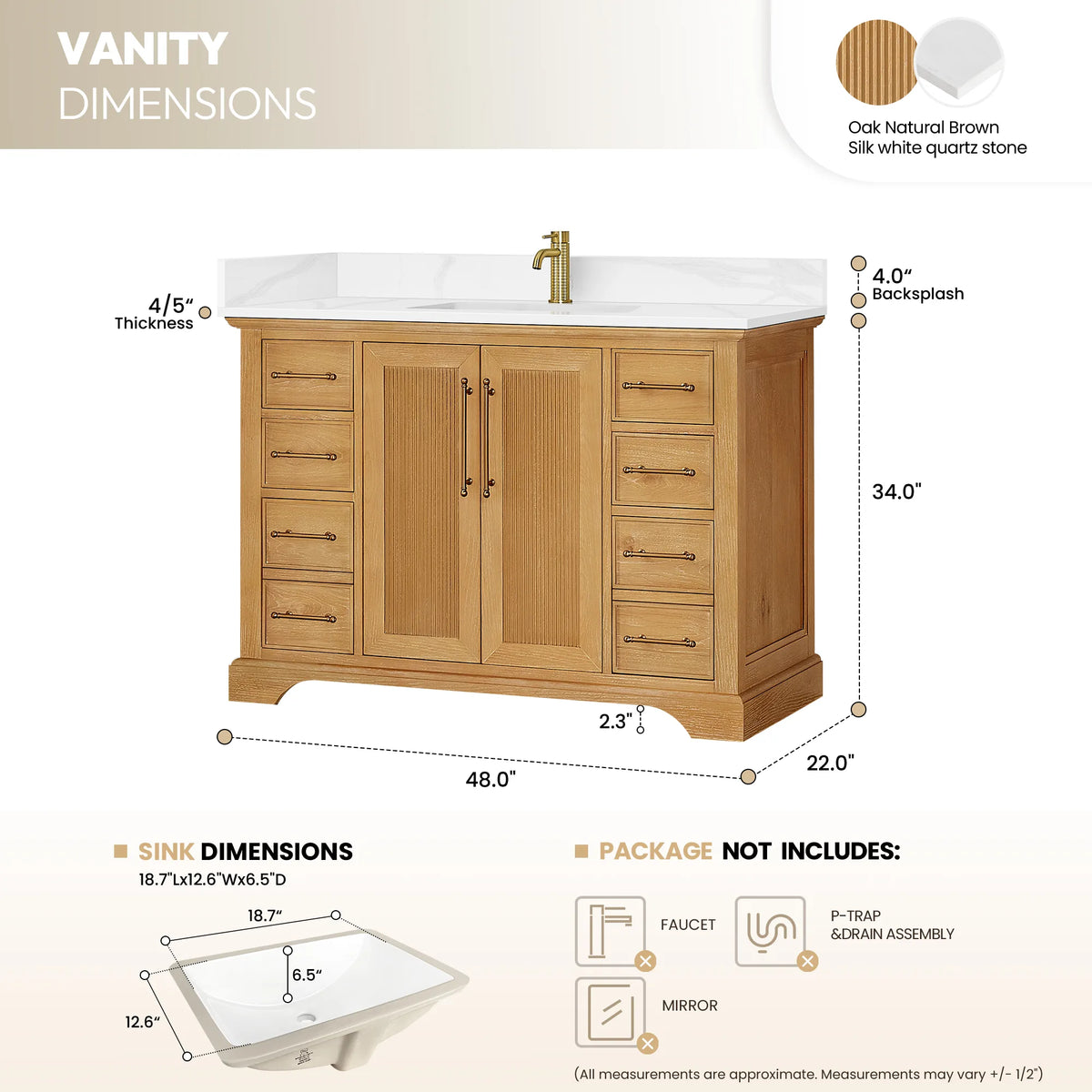 Dimensions drawing, 48 x 22 x 34 inches, for the single vanity with sink dimensions noted