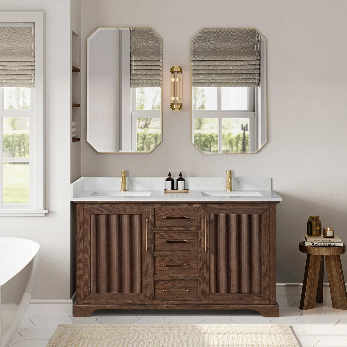 Room view: two octagonal mirrors over a 60 inch double vanity in Aged Dark Brown Oak, greige walls and a shaded window