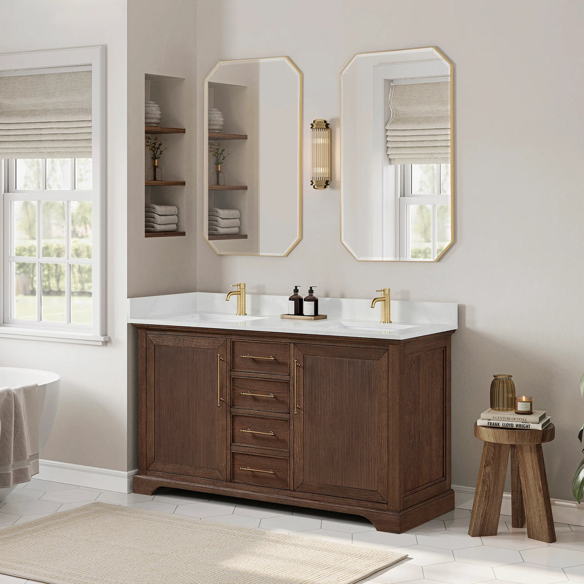60 inch double vanity in Aged Dark Brown Oak in a bathroom with a wooden stool nearby